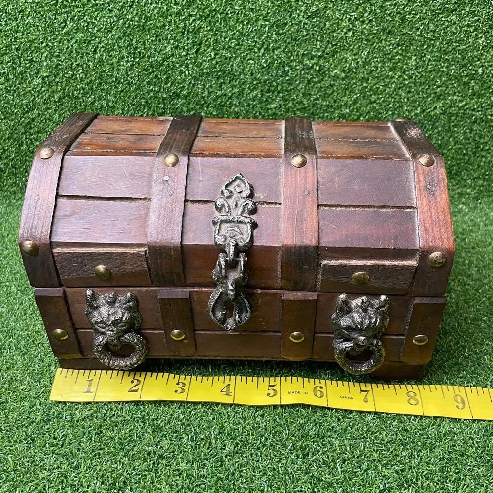 Vintage Wooden Treasure Chest Jewelry Box Gothic Lions Head Metal Latch